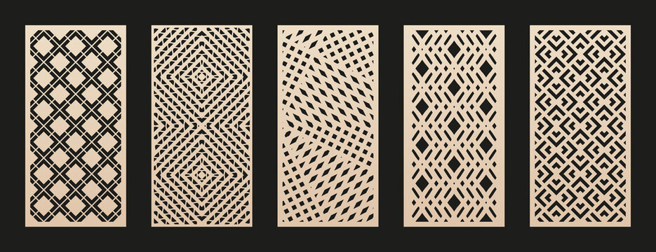 Laser cut pattern set. Vector collection of cutting templates with abstract geometric ornament, grid, mesh, lines, chevron. Decorative stencil for laser cut of wood, metal, plastic. Aspect ratio 1:2