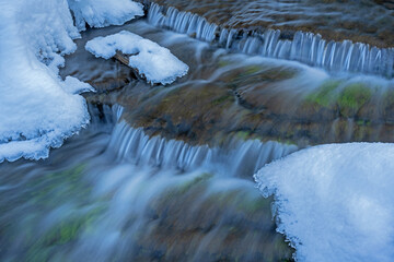Winter landscape of a cascade at Autrain Falls framed by ice and snow, Michigan's Upper Peninsula, USA