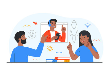 Concept of creative idea. Men and girl discussing how company can develop. Brainstorming and looking for options. Analytical department, market research, colleagues. Cartoon flat vector illustration