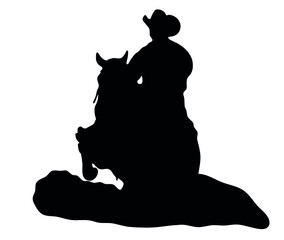 Black and white vector flat illustration: Sliding stop, reining western horse and rider silhouette	