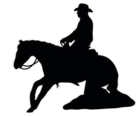 Black and white vector flat illustration: Sliding stop, reining western horse and rider silhouette	