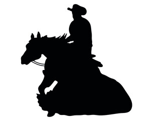 Black and white vector flat illustration: Sliding stop, reining western horse and rider silhouette	