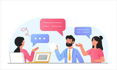 Concept of discussion. Man and girls in office. Characters looking for best way to develop company, board of directors, brainstorming. Analytical department, disputes. Cartoon flat vector illustration
