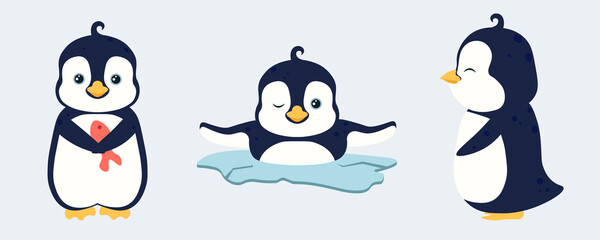 Vector illustration cute and beautiful penguin on white background. Charming character in different poses with a fish in his hand, ride on his stomach in the snow and side view in cartoon style.
