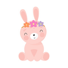 Cute Rabbit with flowers. Cartoon style. Vector illustration. For kids stuff, card, posters, banners, children books, printing on the pack, printing on clothes, fabric, wallpaper, textile or dishes.