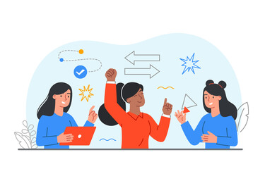 Female friends concept. Girls communicate, brainstorm and colleagues. Girlfriends at party or disco, holiday. Rest after work and entertainment, creative people. Cartoon flat vector illustration