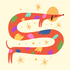 Vector clipart dog dachshund sticker. Dogs breed. EPS and JPG illustration. Funky doodle trendy print, colorful handdrawn childish cartoon art. Groovy fauve abstract collage decor elements in authors