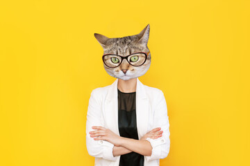 A young confident business woman headed by cat head in white jacket and glasses stands with her...