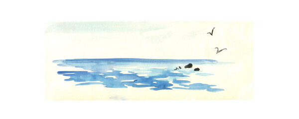 A watercolor image of a seashore or lake.
