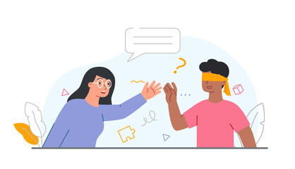 Helping hand concept. Girl helps blindfolded man. Uncertainty and advice. Support from friends and colleagues, friendly character, caring. Volunteer and charity. Cartoon flat vector illustration