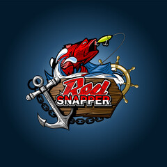 Red Snapper illustration of a fishing scene with an anchor and a helm on a dark background.