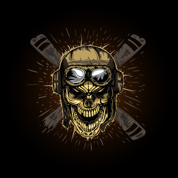 Illustration of a skull in an aviator helmet against the background of a propeller. T-Shirt and tattoo graphics.