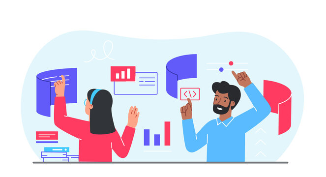 Concept of interface. Man and girl make out page on Internet, application development. Freelancers and coworking, colleagues working on same project, teamwork. Cartoon flat vector illustration