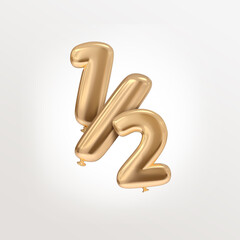Math sign of half with numbers 3D illustration golden isolated typography with balloon style realistic rendered floating for design concept illustration in white 