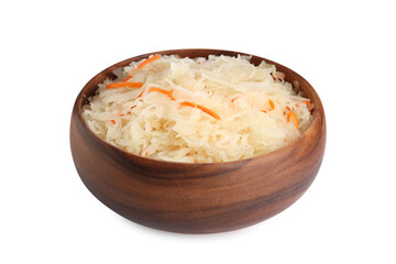 Wooden bowl of tasty fermented cabbage with carrot isolated on white
