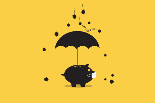 black umbrella for protect to sick piggy bank wearing surgical mask to prevent viruses. Saving money concept.