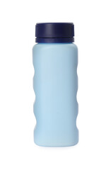 Bottle of dusting powder isolated on white, space for design. Baby cosmetic product