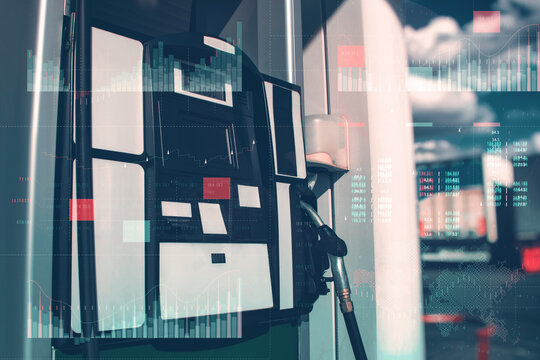 Gas station with fuel dispensers on technological background. Graph of rising prices for gasoline and fuel.