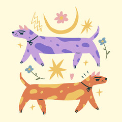 Vector clipart dog dachshund sticker. Dogs breed. EPS and JPG illustration. Funky doodle trendy print, colorful handdrawn childish cartoon art. Groovy fauve abstract collage decor elements in authors