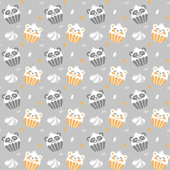 Cute panda and polar bear cupcakes. Child print. Seamless Pattern for kids products.