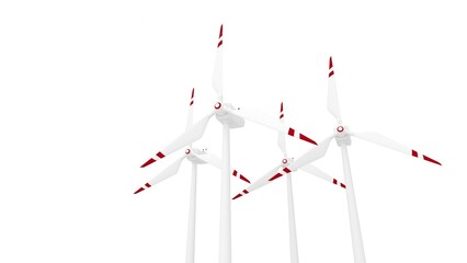  3d render of group of wind turbines in white red colors