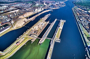 Netherlands, IJmuiden - 20-02-2022: Aerial view of the largest sluice (lock) in the world.