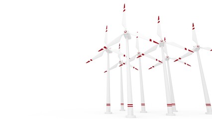  3d render of group of wind turbines in white red colors