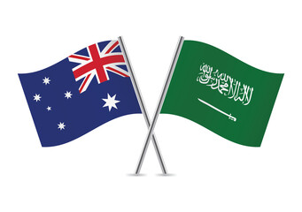 Australia and Saudi Arabia crossed flags. Australian and Saudi Arabian flags, isolated on white background. Vector icon set. Vector illustration. 