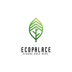 creative leaf with palace logo design in style line and outline, eco palace real estate logo concept, green palace icon vector template