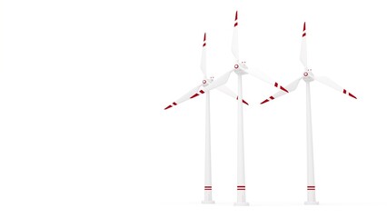  3d render of group of wind turbines in white red colors