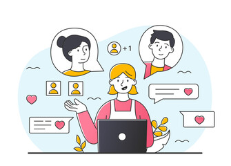 Concept of messaging. Girl sitting at laptop, freelancer. Communication in social networks and chatting. Remote employee, girl communicates with relatives on Internet. Cartoon flat vector illustration