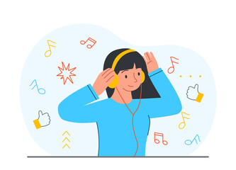 Girl listening music. Meloman in headphones resting after lessons. Character enjoying, party and disco. Modern technologies, poster or banner for music club. Cartoon flat vector illustration