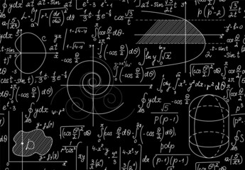 Math scientific vector seamless pattern with handwritten sphere figures, formulas, calculations	
