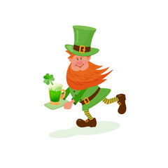 Cheerful gnome carries a tray with a glass of beer for St. Patrick's Day. Vector color isolated illustration.