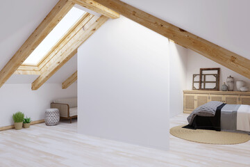 A bright modern loft with a blank white wall lit by sunlight from the dormer window with wooden beams, framed paintings, and vases on a wooden chest of drawers with a round rug near the bed. 3d render - obrazy, fototapety, plakaty