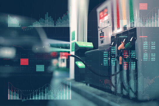 Gas station with fuel dispensers on technological background. Graph of rising prices for gasoline and fuel.