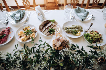 Catering food. Wedding table set decoration in restaurant