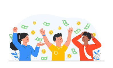 Rain of money. People rejoice in earnings, successful entrepreneurs and investors. Advertising banner for site, award to the winner. Promotion of goods on Internet. Cartoon flat vector illustration
