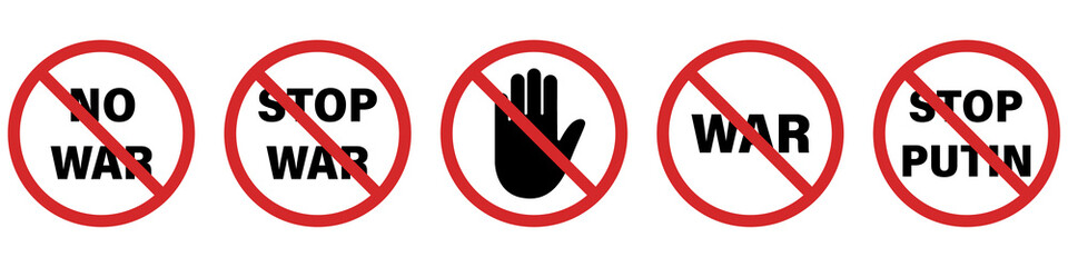 Red Sign Stop War. Red Ban No War Symbol. Stop Ukrainian, Russian Army Fight. Ban Ukraine, Russia Military Battle. Hand Stop War Icon. Stop Putin Sign. No Conflict Attention Sign. Vector Illustration