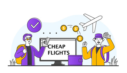 Saving vacation budget. Man receives cashback, bonus program, accumulated points for paying for flights. Character rejoices at profitable offer and financial literacy. Cartoon flat vector illustration