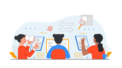 Searching files concept. Analytical department works with information, paper work. Statistical market research, colleagues and employees in workplace, company. Cartoon flat vector illustration