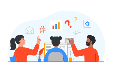 Concept of start up. Girls and men evaluate indicators on chart, investors conferring. Characters exploring market. Brainstorming and discussing idea, partnership. Cartoon flat vector illustration