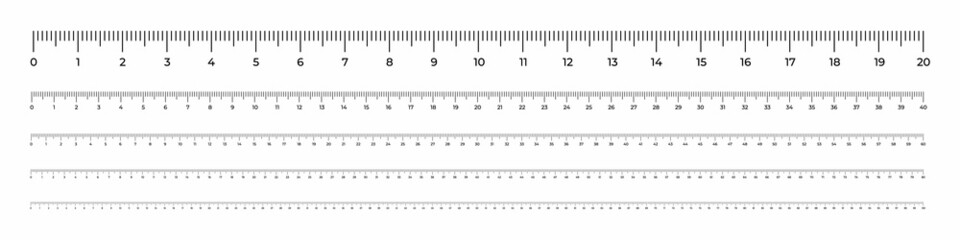 Vector illustration ruler scales 20, 40, 60, 80, 100 cm isolated on white background. Measure instrument lines in flat style. Horizontal measuring scale. Markup for rulers. Bar level 1 meter template. - obrazy, fototapety, plakaty