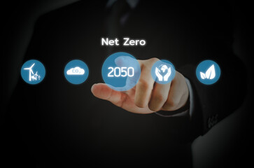  Businessman touching net zero virtual screen Internet Business Technology Concept.