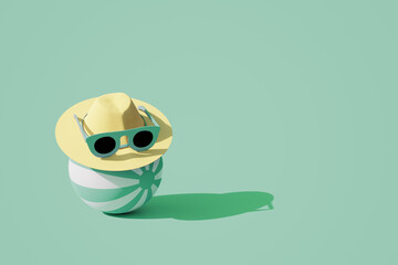 Beach ball wearing sunglasses and hat on mint background. 3D render