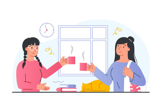 Tea time concept. Girls in apartment with coffee, rest after work. Mom and daughter spend time together, morning in family. Comfort and coziness, hostesses with cat. Cartoon flat vector illustration