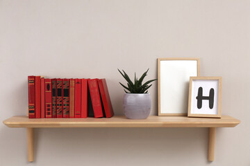 Wooden shelf with different books, houseplant and frames on light wall