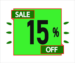 15% off purchase. Green sticker with offer message.
