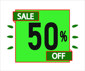 50% off purchase. Green sticker with offer message.