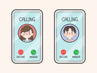 Calling screen with faceless hand drawn avatar business people.